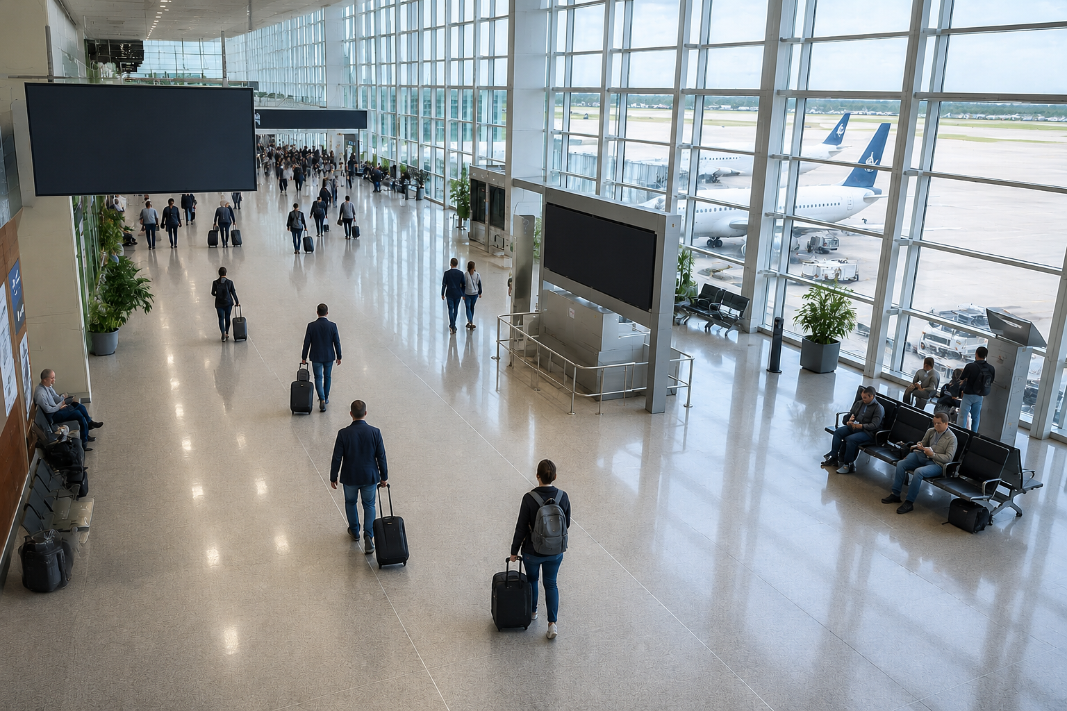 Busy airport terminal concourse with travellers, large glazed facade and aircraft visible outside