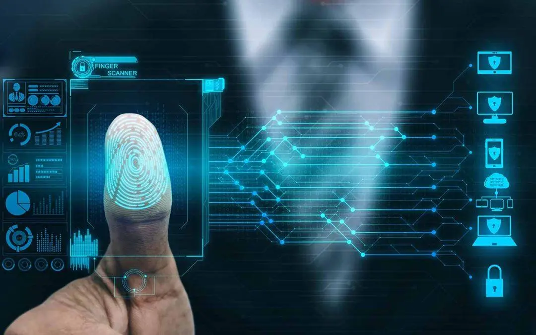 Finger placed on a biometric fingerprint scanner with digital security icons