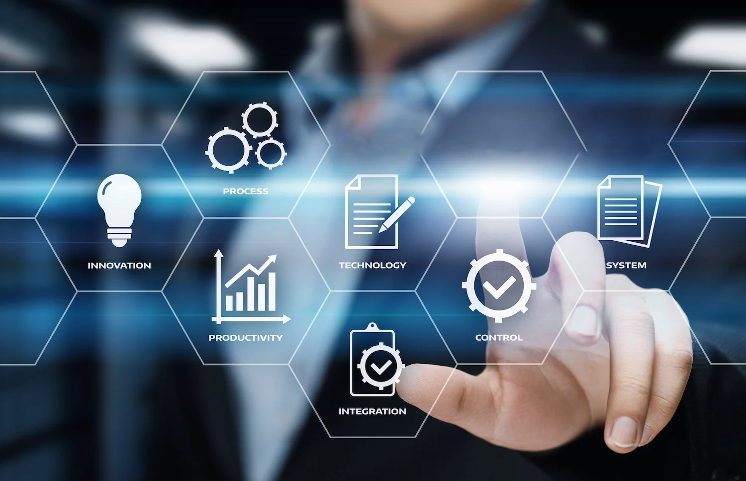 Hand touching digital automation icons for innovation, technology, systems and efficiency