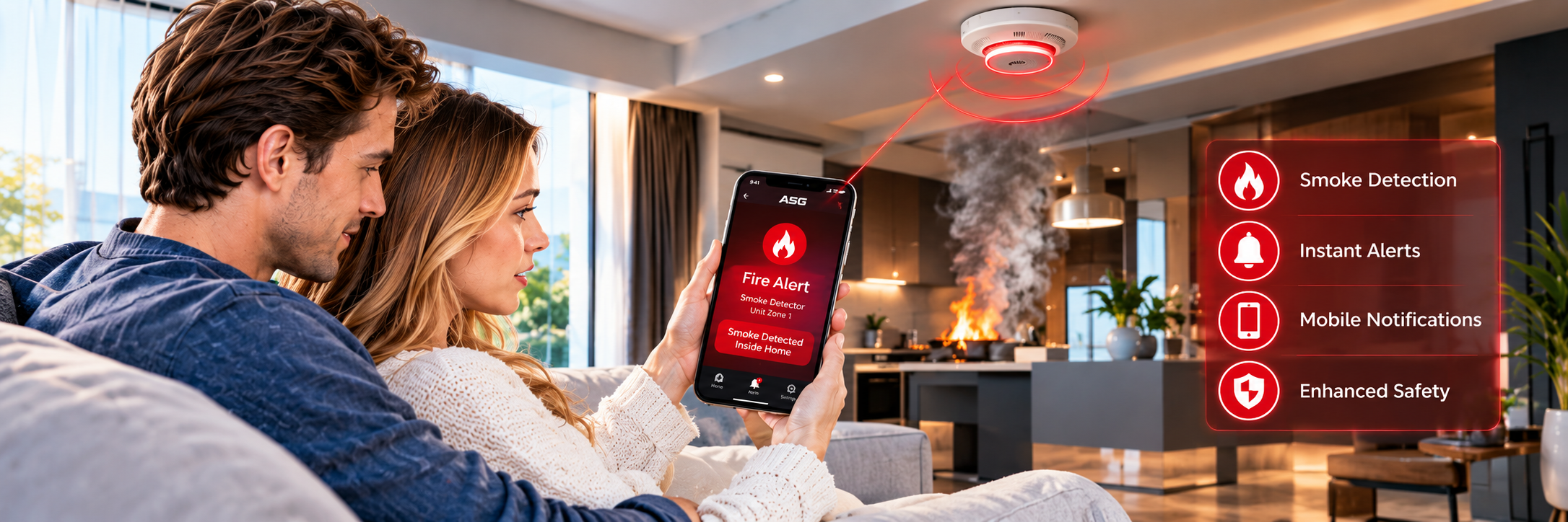 Home owners receiving a smoke and fire alert on a mobile phone from their smart home system