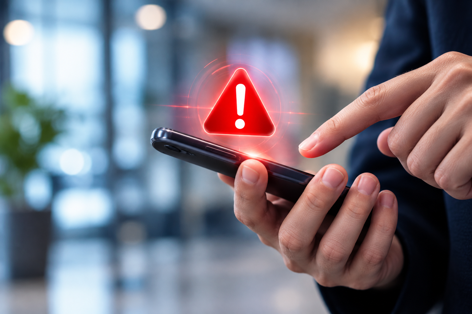 Person receiving an emergency alert warning on a smartphone in an office