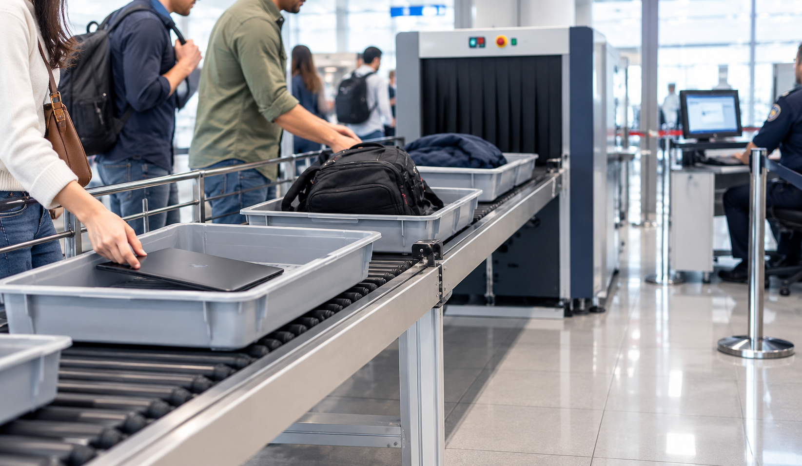Passengers placing laptops and bags in trays on the conveyor of an X-ray baggage scanner at an airport checkpoint
