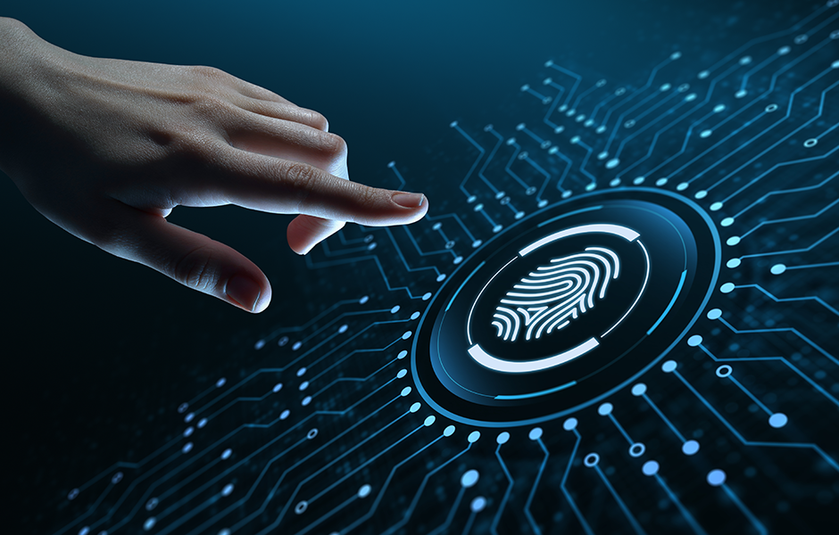 Finger touching a digital fingerprint scanner for biometric access control