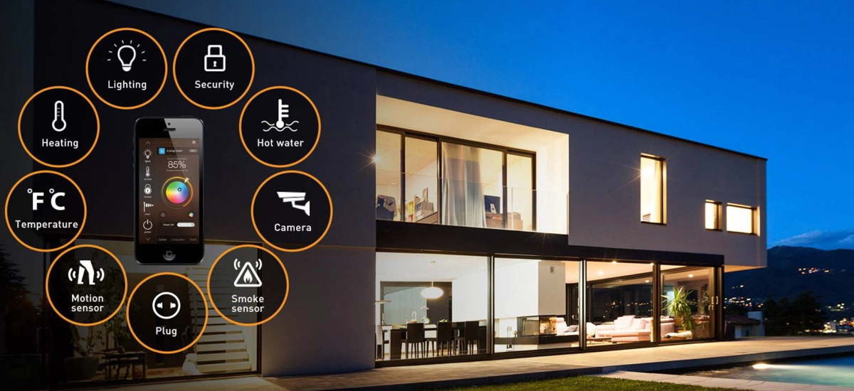 Modern building at night with automation icons for lighting, climate, security, energy and remote control