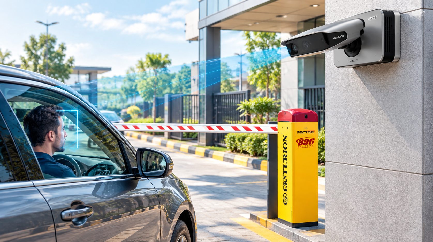 AI recognition camera at a gate reading the number plate of an arriving car with a boom barrier in the background