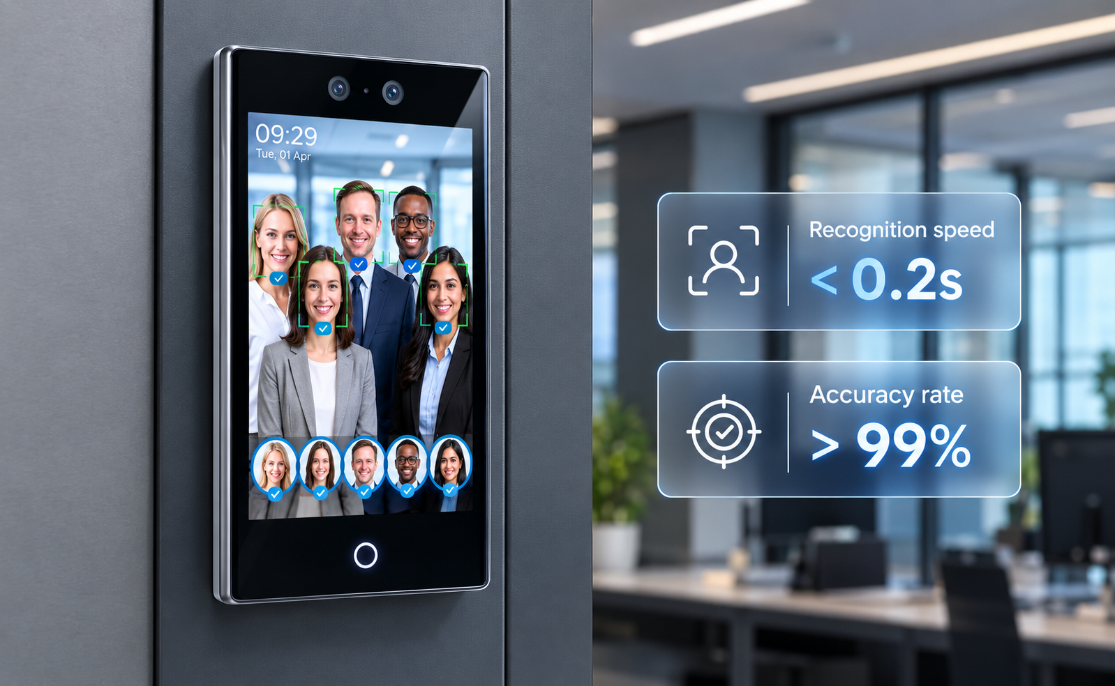 Facial recognition access control terminal on an office wall showing recognition speed and accuracy
