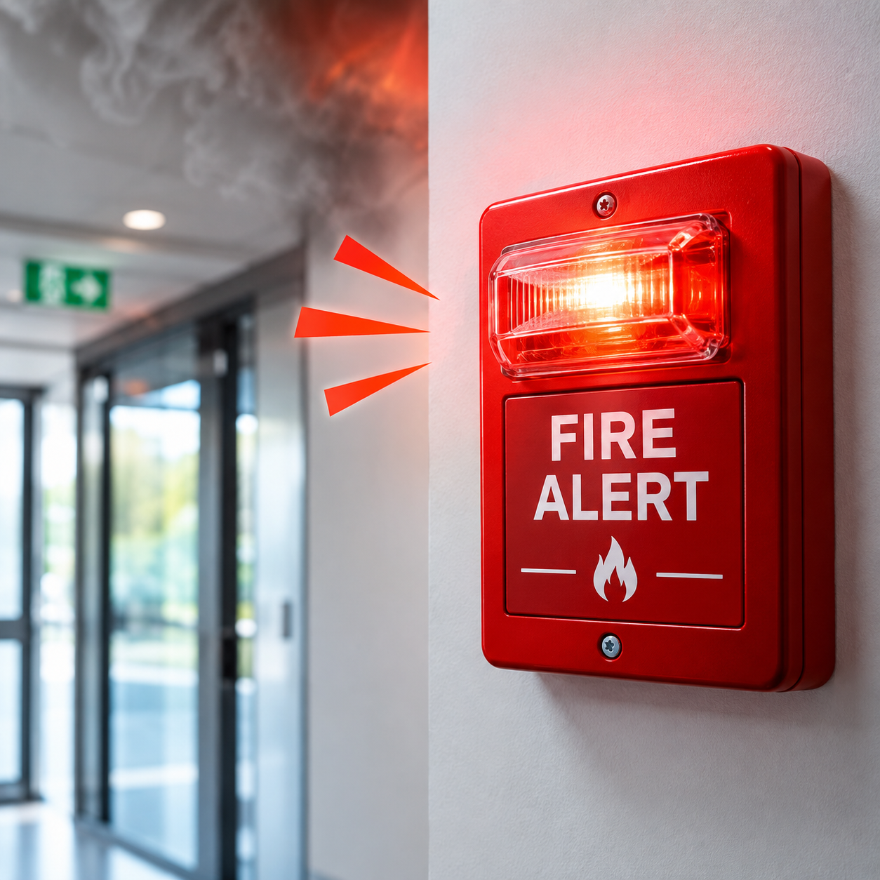 Red fire alert sounder with flashing strobe light on a corridor wall with smoke and an exit sign