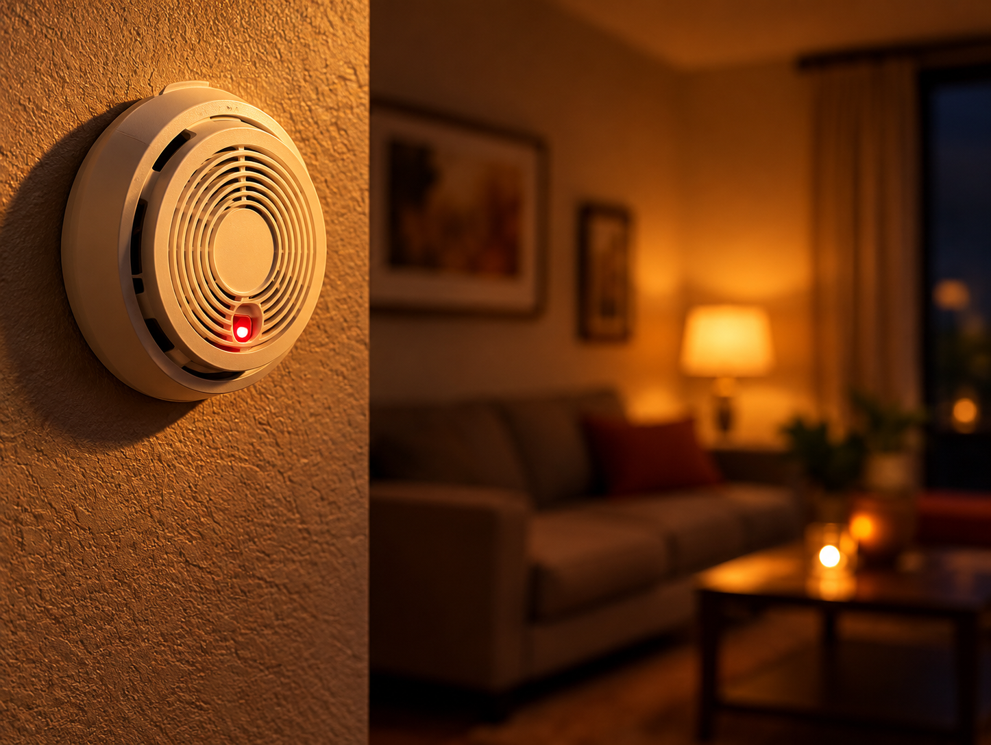 Ceiling smoke detector with a red indicator light protecting a living room