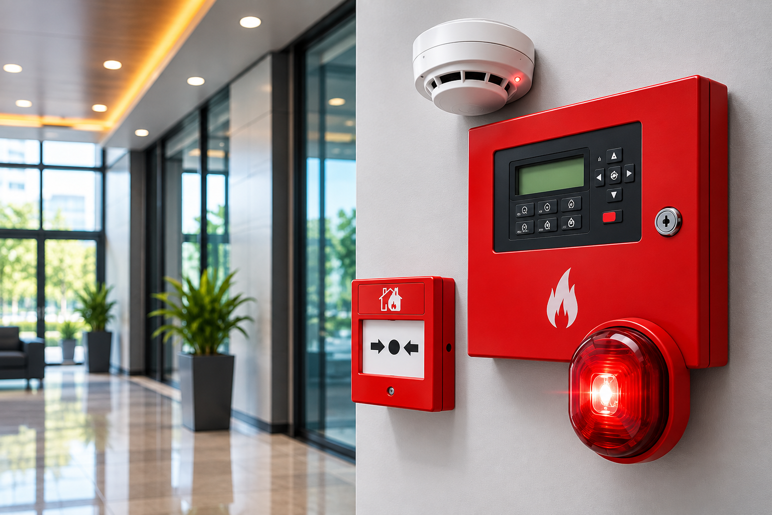 Fire alarm control panel, manual call point and strobe sounder in a modern building lobby