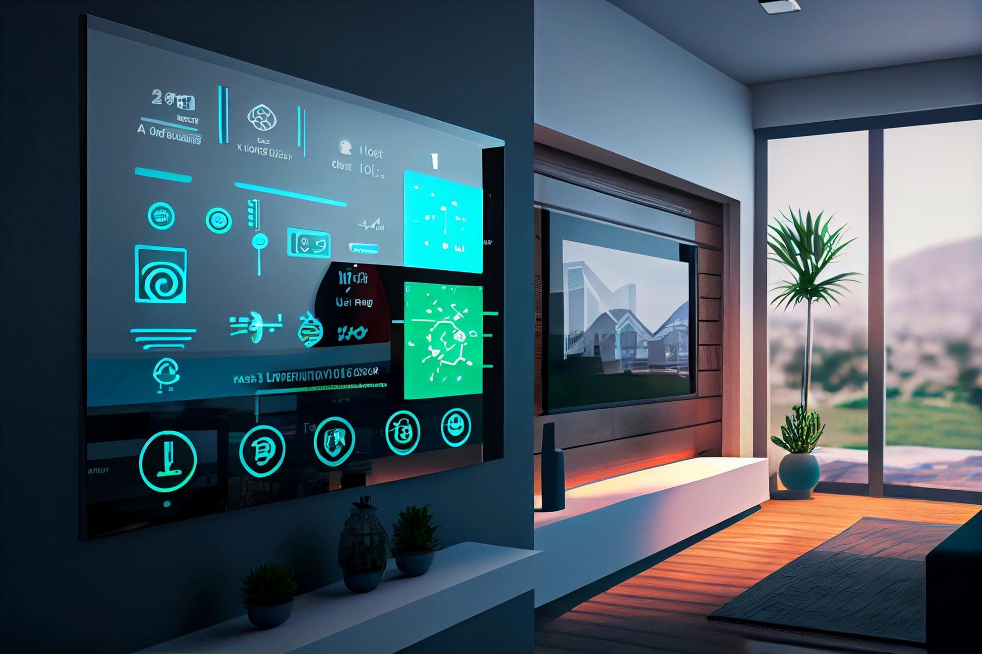 Modern smart hotel room with a large digital control wall panel and view of the mountains