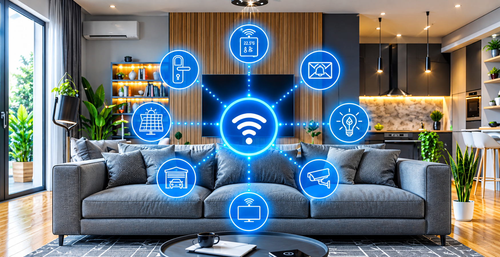 Smart room with wireless hub connecting lights, curtains, AC, TV, cameras and sensors