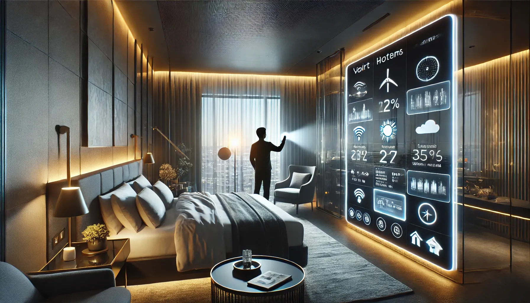 Luxury smart hotel room in Pakistan with a digital guest room management panel controlling lighting, climate and curtains