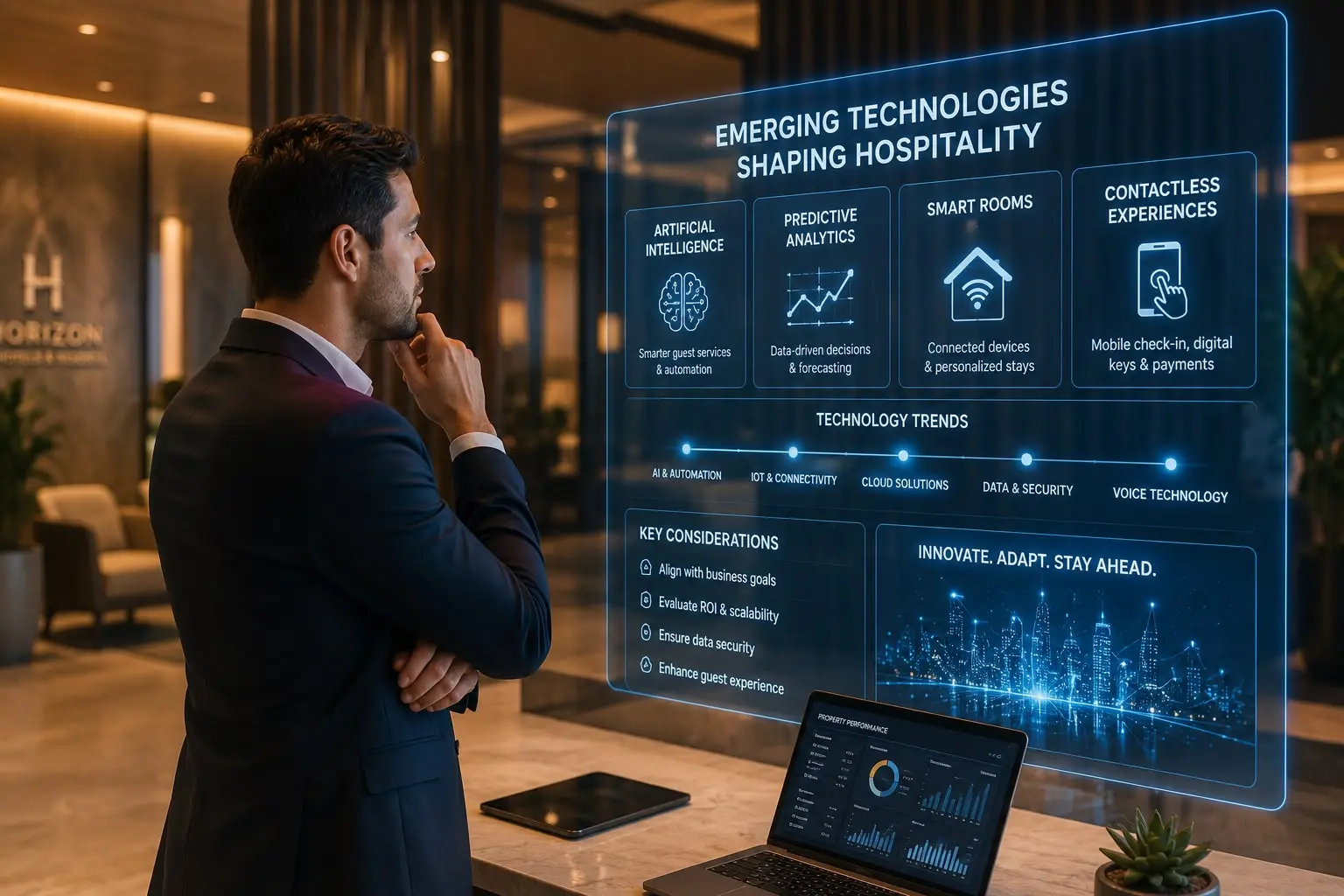 Hotel manager reviewing emerging hospitality technologies including smart rooms and contactless experiences on a digital display