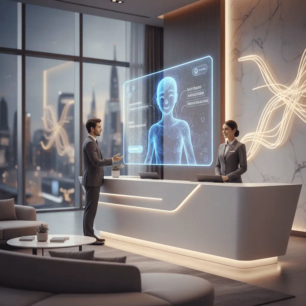 Futuristic smart hotel reception with digital concierge and contactless check-in
