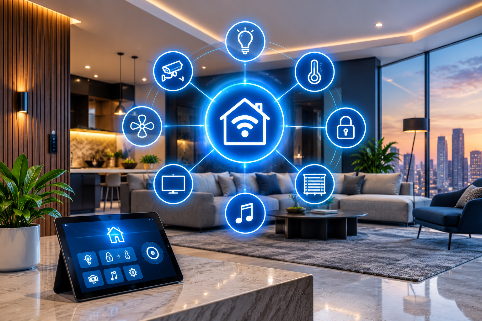 Smart hotel suite with a tablet controller linked to lighting, climate, curtains, music and security