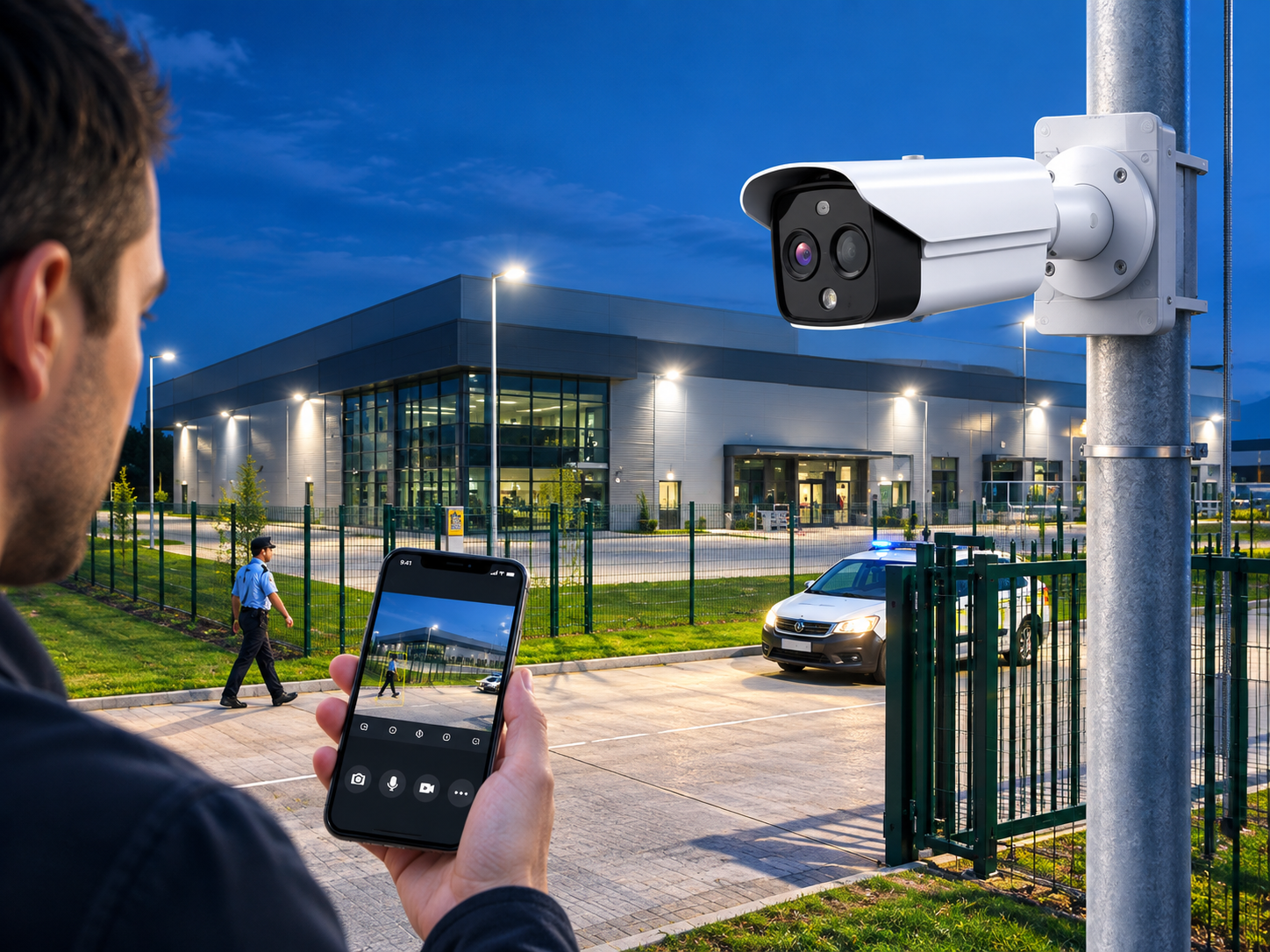 Thermal and AI security camera guarding a commercial building in Pakistan at night while a manager watches live video on a mobile phone