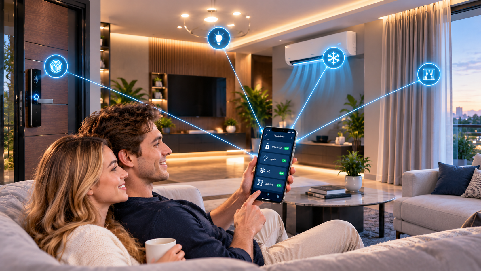 Couple relaxing on a sofa and controlling smart home lights, curtains and climate from a mobile app