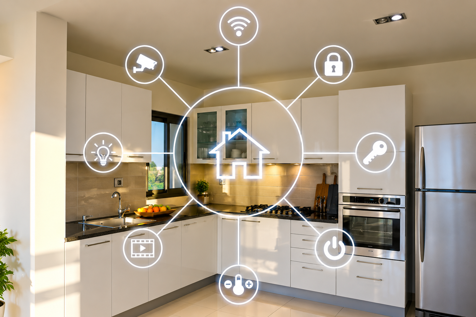 Smart kitchen with a central hub icon connected to lighting, security, climate, locks and appliances