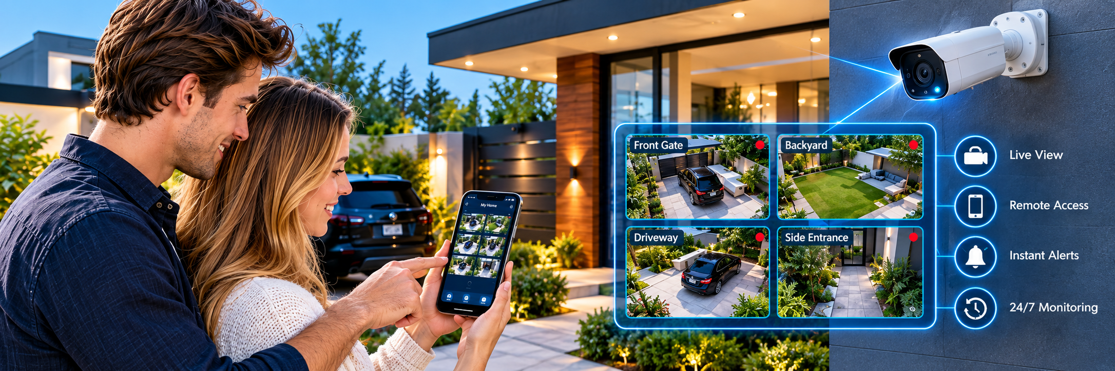 Home owners using a smart home app to view cameras and control their modern house