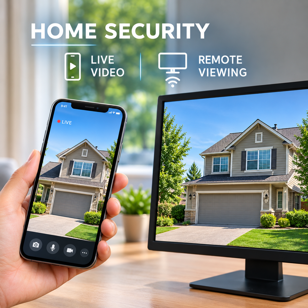 Home security camera app on a smartphone showing live video and remote viewing of a house