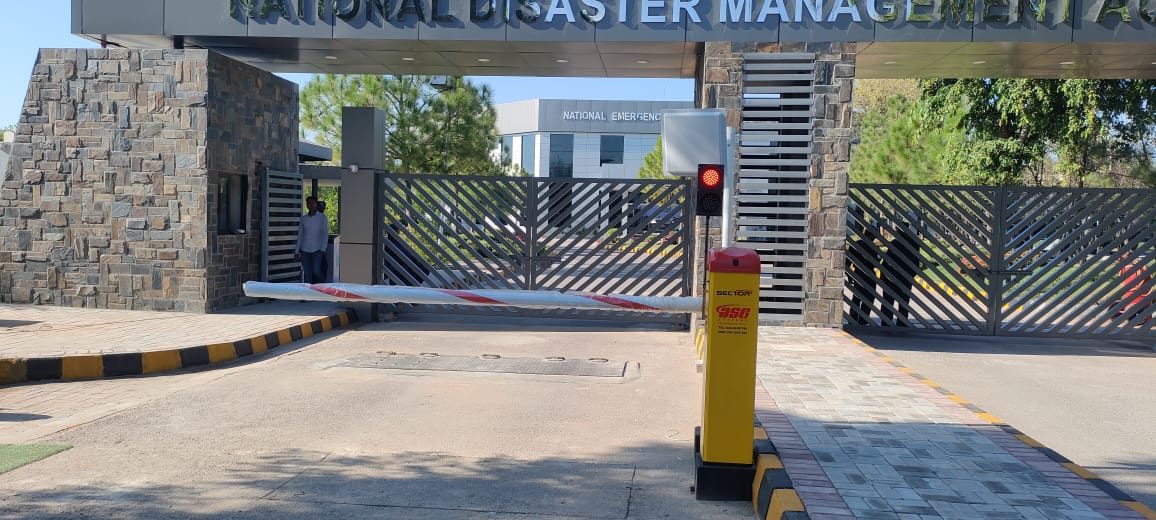Close-up of Centurion boom barrier and hydraulic road blocker in closed position at NDMA gate
