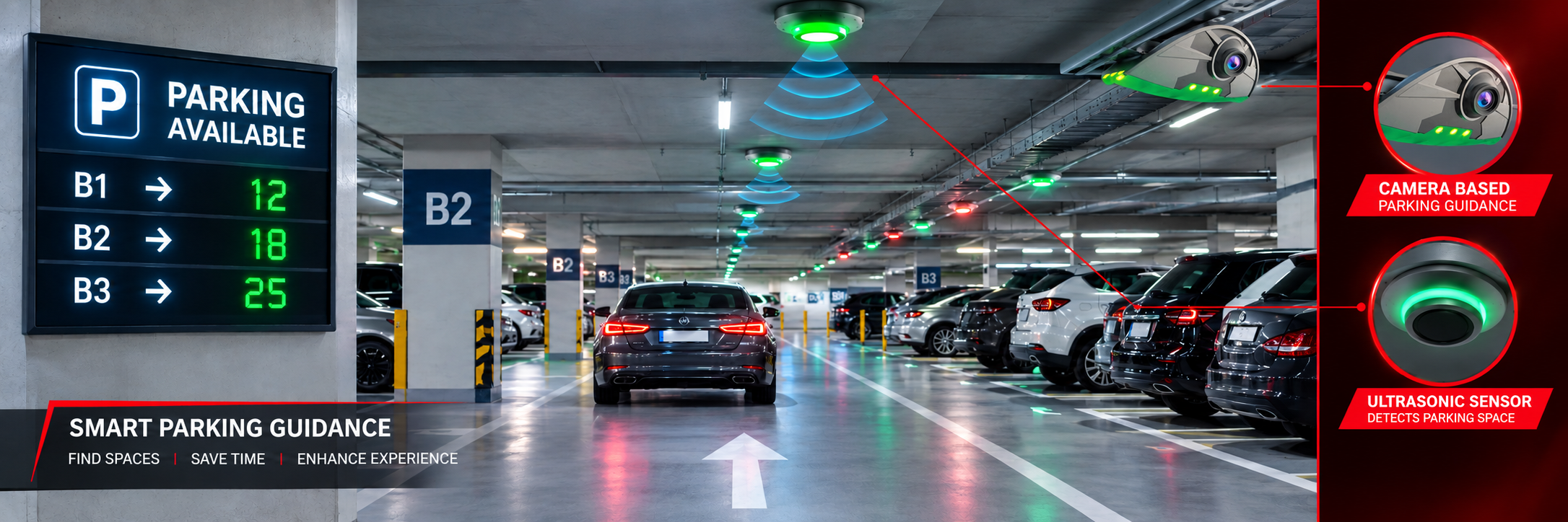 Smart car park with a parking guidance sign showing free spaces by level and bay indicators