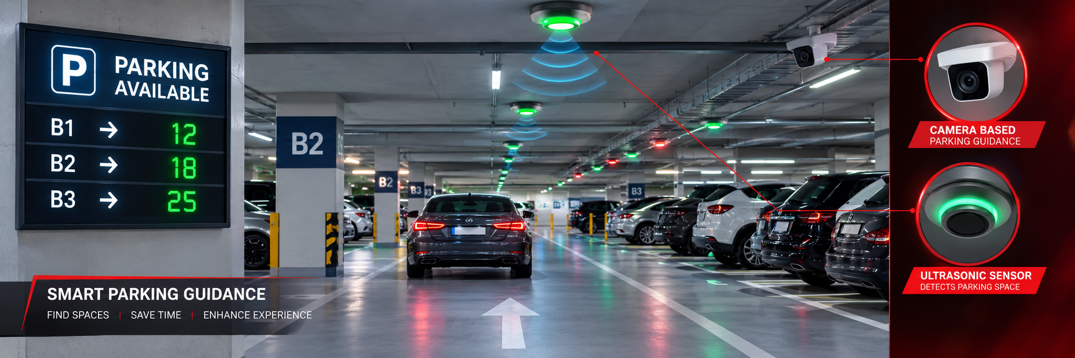 Parking guidance system with LED bay indicators and directional displays guiding cars to free spaces in a car park in Pakistan