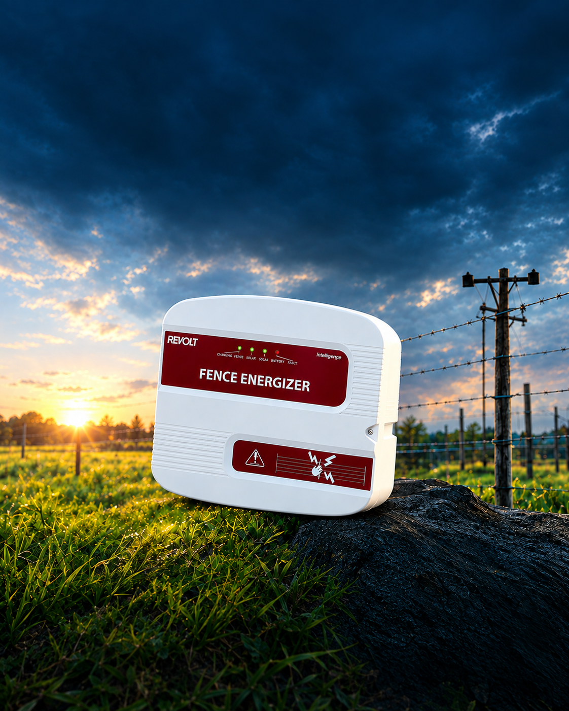 Revolt smart electric fence energizer with charging, fence, solar, battery and fault indicators, installed near a fence at sunset