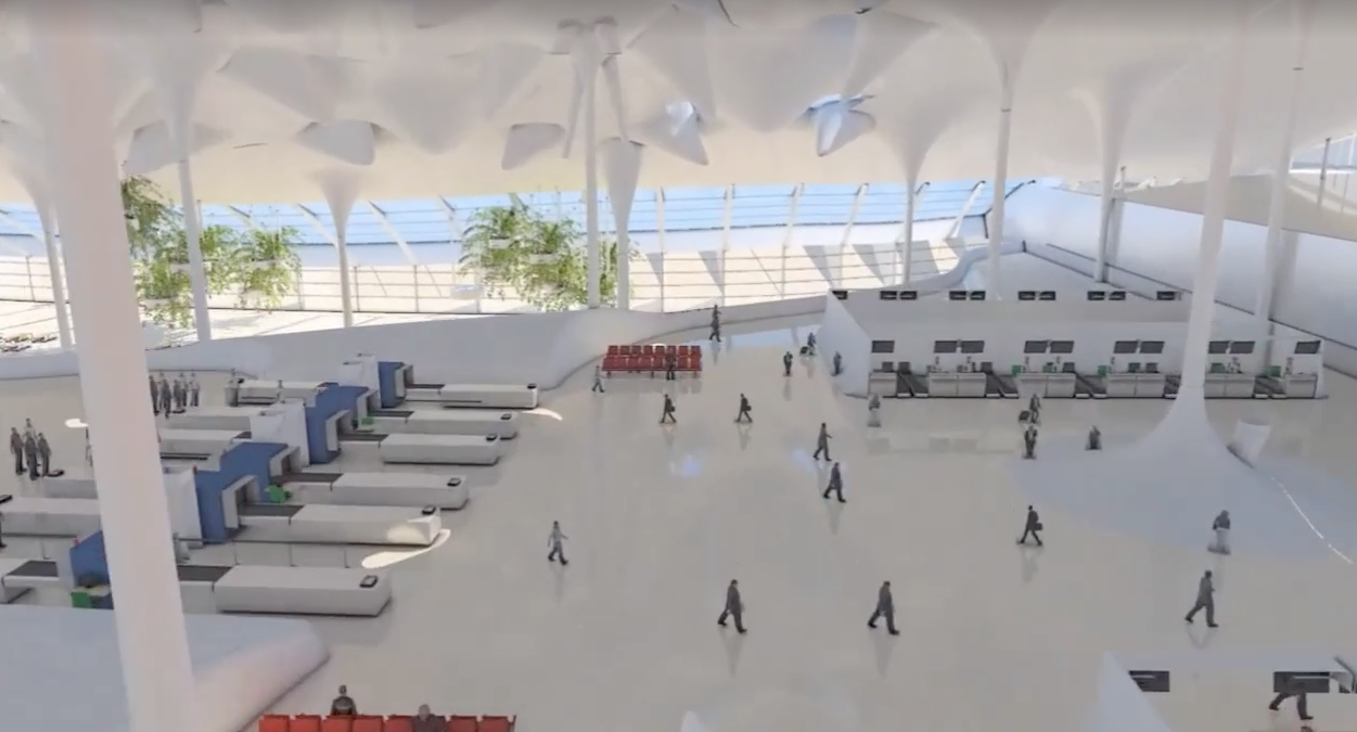 Airport terminal hall filled with natural daylight and travellers