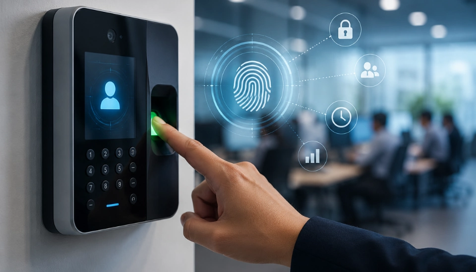 Employee using a fingerprint and face attendance terminal on an office wall