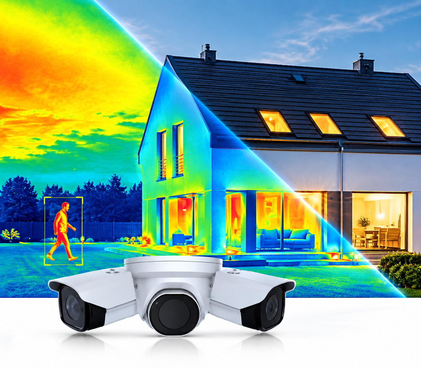 Bullet, dome and thermal security cameras protecting a house, shown with a thermal image at night