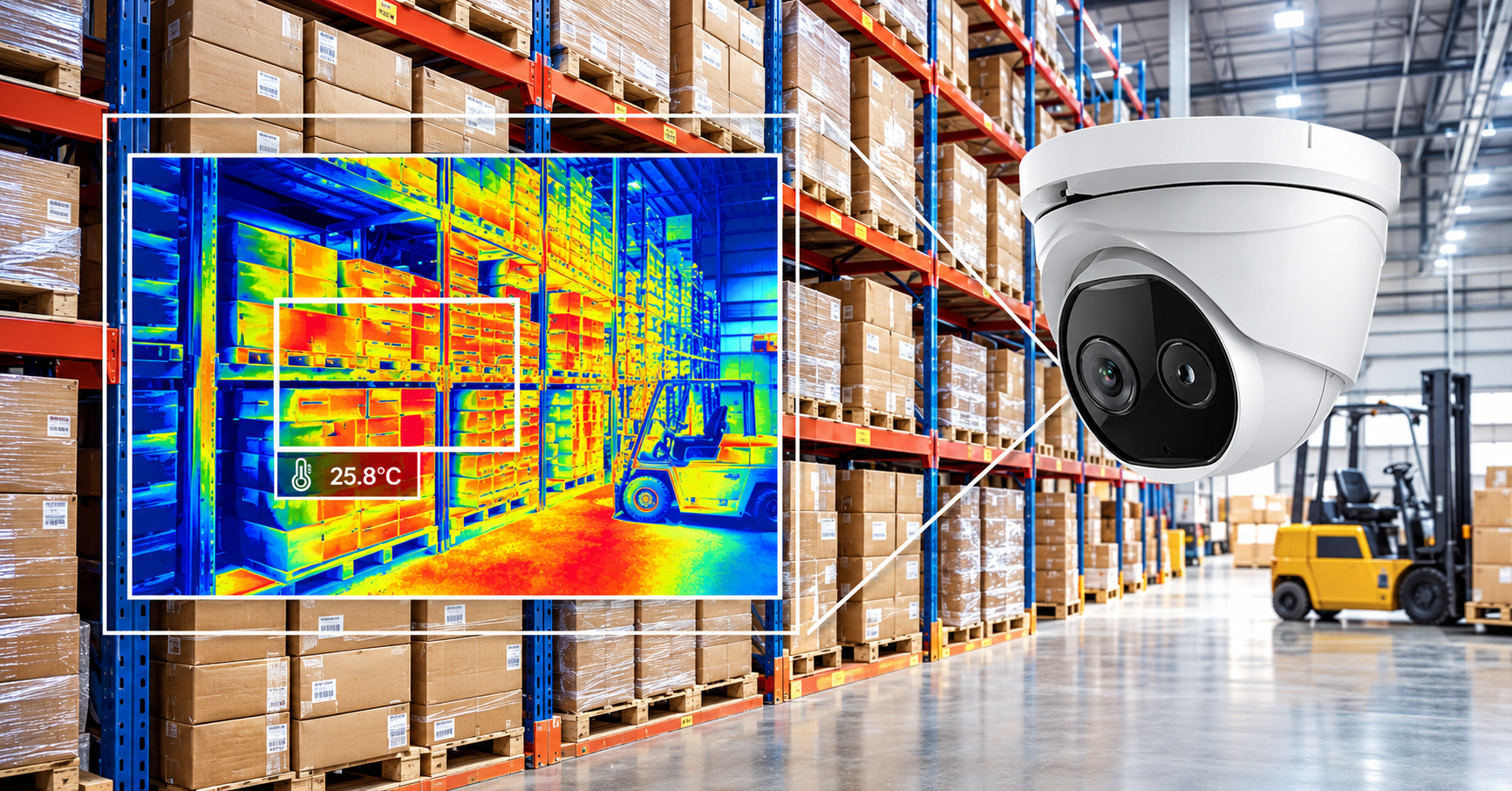 AI thermal security camera monitoring a large facility with a live heat map