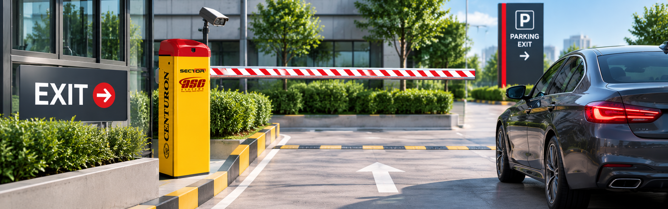 Car approaching an automatic boom barrier with a number plate camera at a car park exit