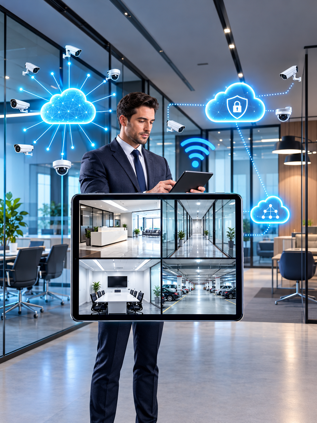 Security manager viewing live CCTV cameras on a tablet with cloud-connected video surveillance