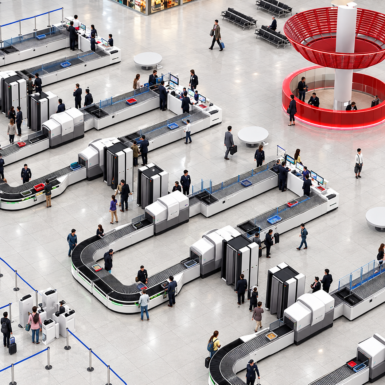 Aerial view of an airport security screening hall with multiple lanes of X-ray baggage scanners and walk-through gates