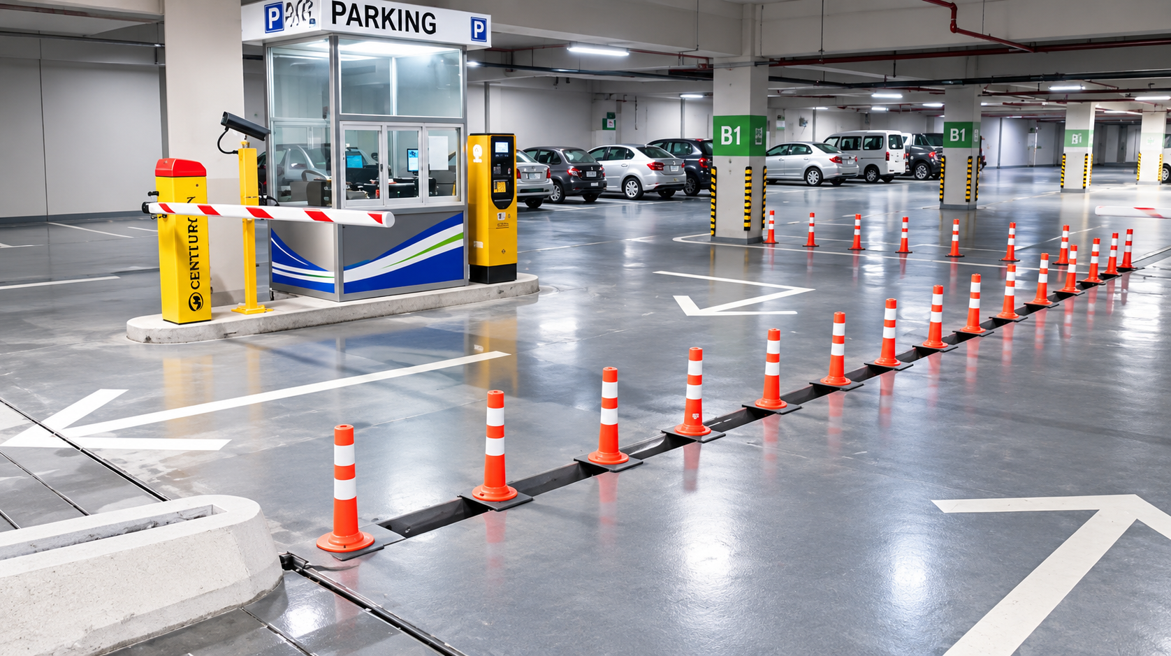Automated car park entry with boom barrier, parking booth and lane guidance cones