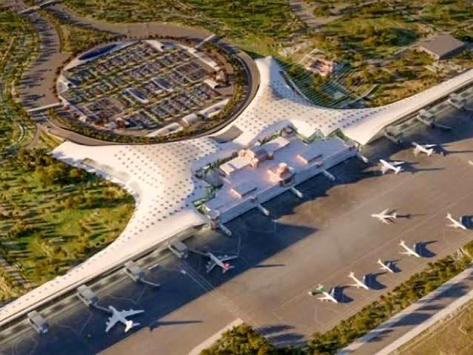 Aerial view of the Allama Iqbal International Airport terminal building and circular multi-level parking structure, Lahore