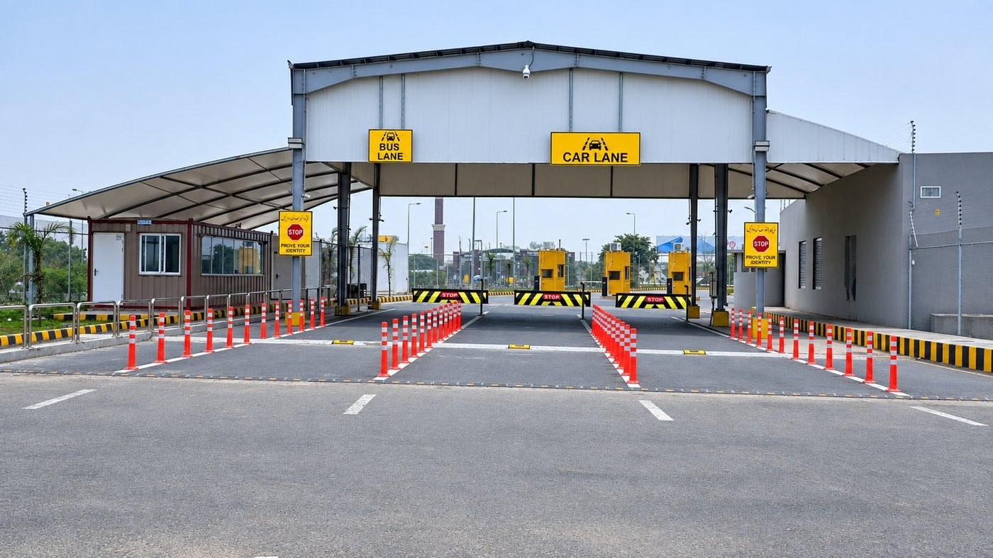 Automatic traffic barrier checkpoint with bus lane and car lane signage at Allama Iqbal International Airport, Lahore