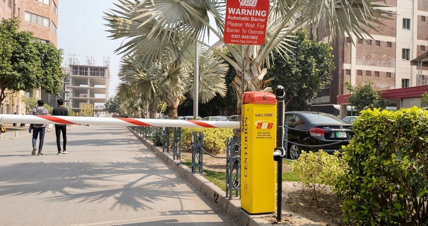 Automatic boom barrier checkpoint on a campus road at the University of Lahore