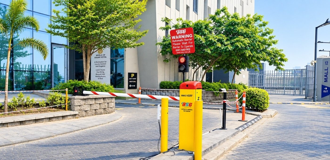 Centurion automatic boom barrier at the hotel driveway entrance, Nishat Emporium Hotel