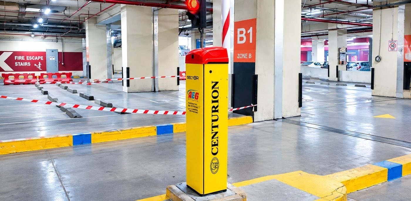 Centurion automatic boom barrier at Zone B1 basement parking checkpoint, Nishat Emporium Mall