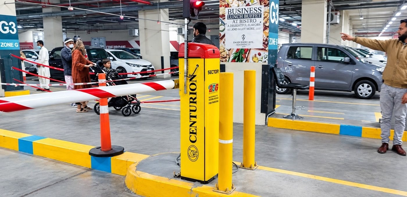 Centurion automatic boom barrier at Zone G3 basement parking checkpoint, Nishat Emporium Mall