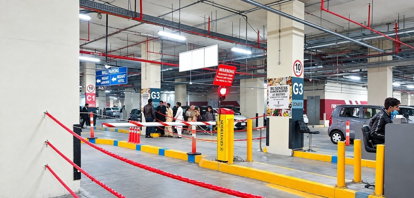 Centurion barrier at the mall parking entrance with wayfinding signage at Nishat Emporium