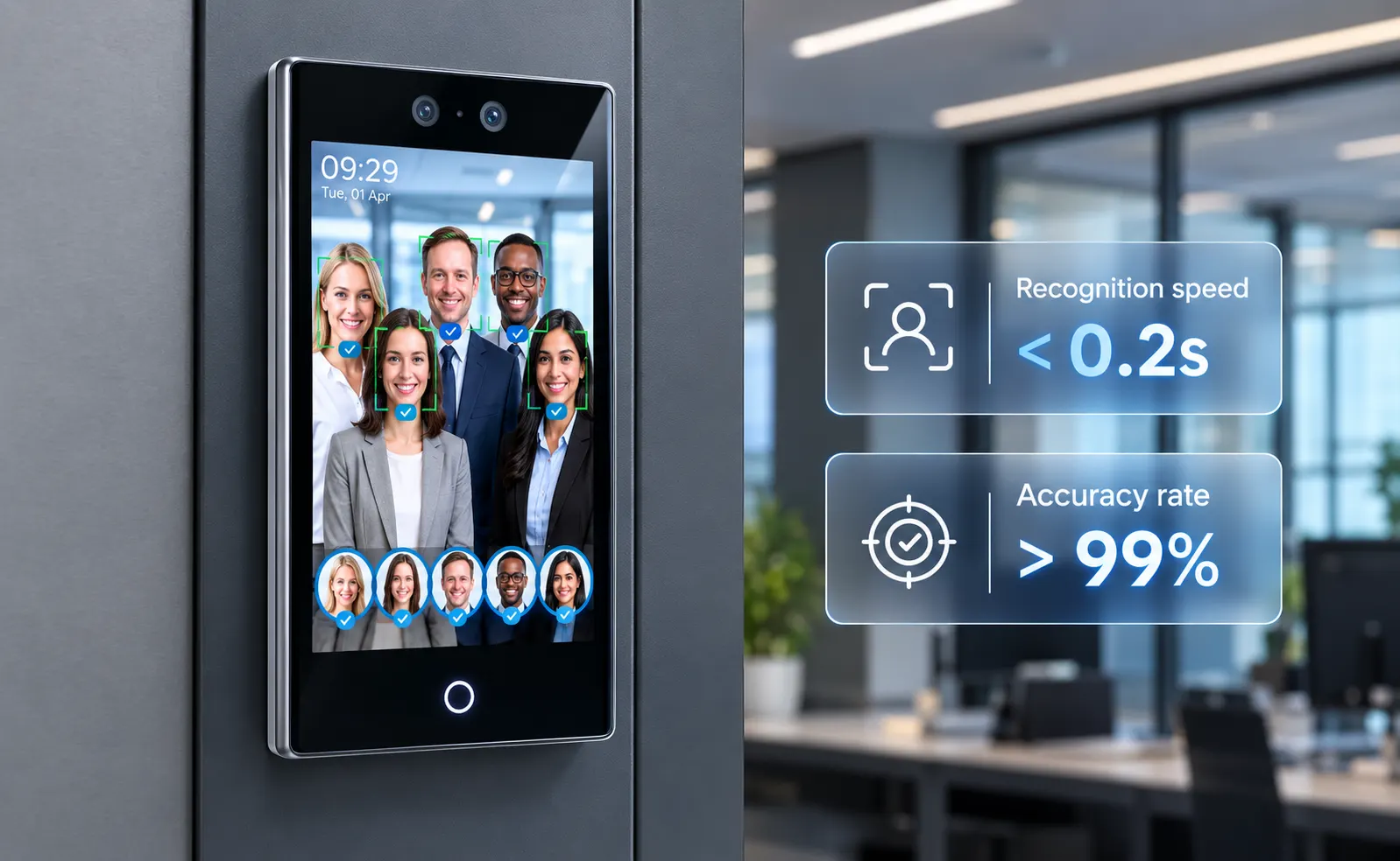 Facial recognition access control terminal on an office wall showing recognition speed and accuracy