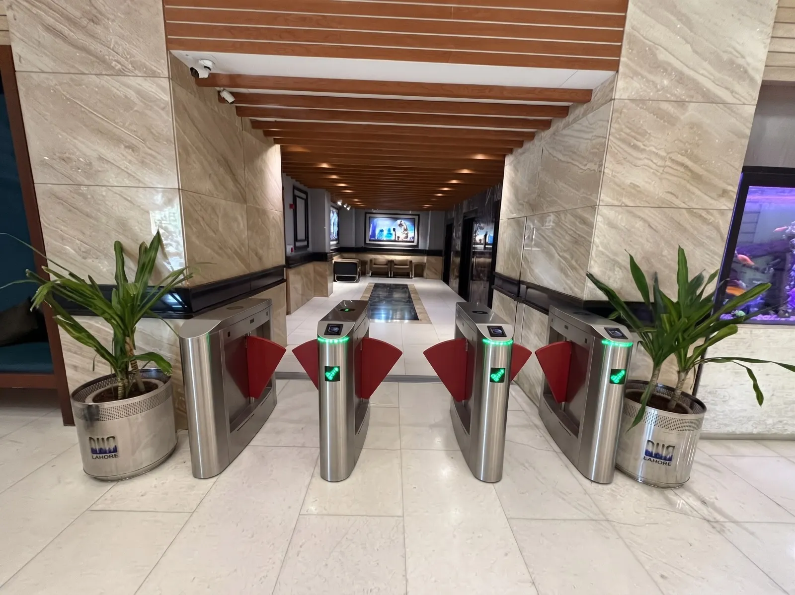Office lobby with flap barrier speed gates for access control