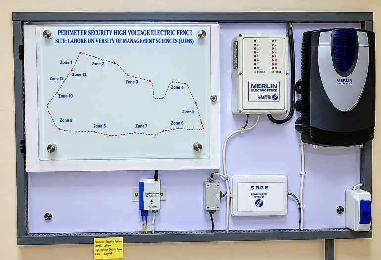 LUMS high voltage electric fence control panel with the 12-zone perimeter layout map
