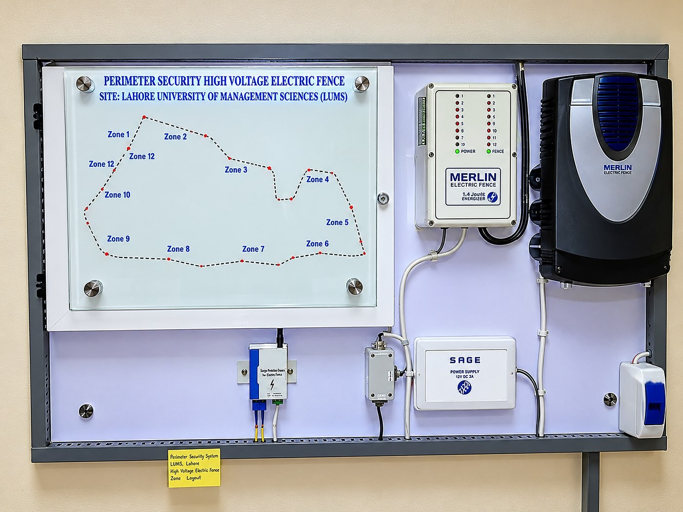 LUMS high voltage electric fence control panel with the 12-zone perimeter layout map and Merlin energizer equipment