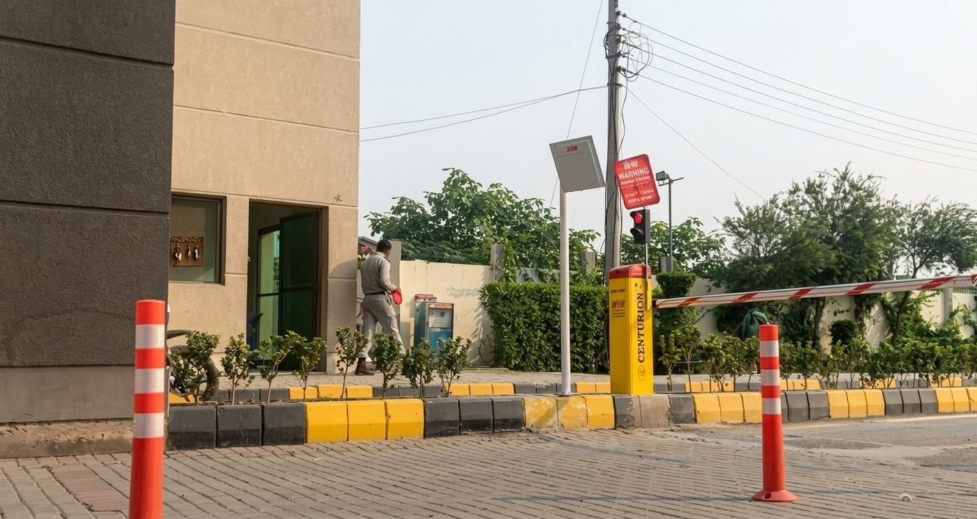 Pedestrian access checkpoint with automatic barrier at a building entrance, Askari-XI, Lahore