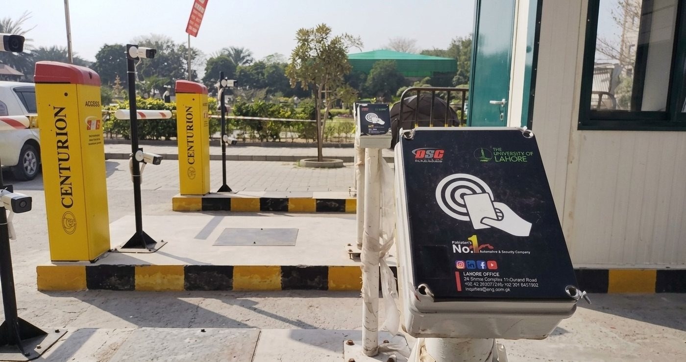 RFID and e-tag reader access control kiosk branded for the University of Lahore