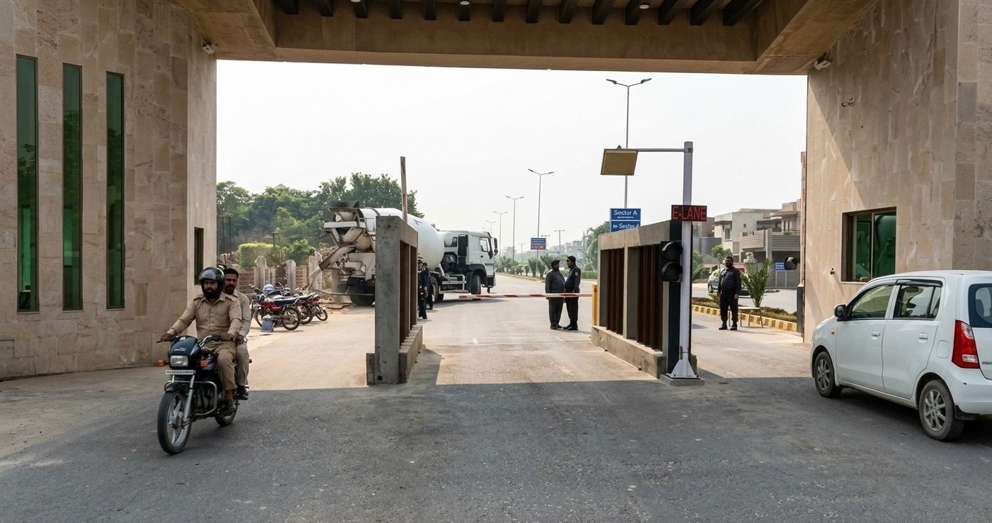 Sector A gate checkpoint with E-Lane signage and security staff at Askari-XI, Lahore